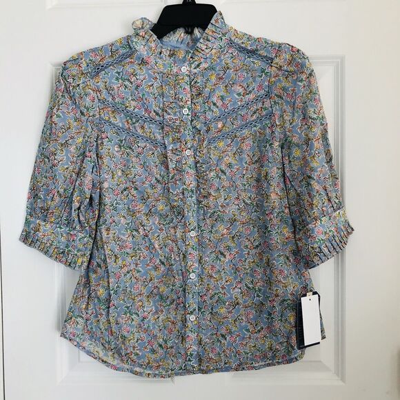 Democracy Women's Tops Ruffle Trim Floral Metallic Cotton 3/4 Sleeve Button up62 - Picture 1 of 6